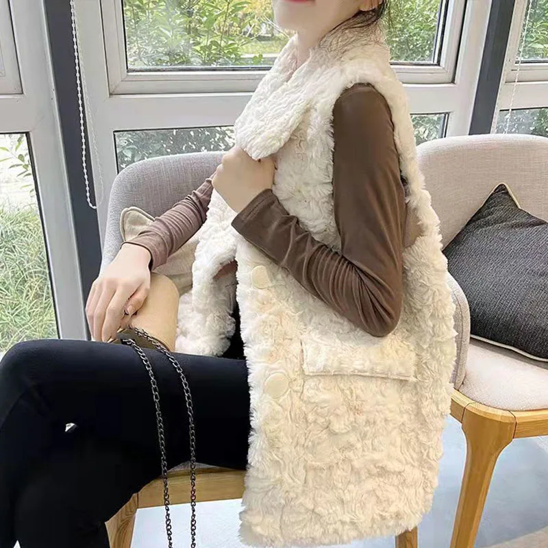 2023 Lamb Hair Women Loose Vest Jacket Simplicity Elegant Fashion Casual Thicken Coat Winter Female Warm Sleeveless Jacket