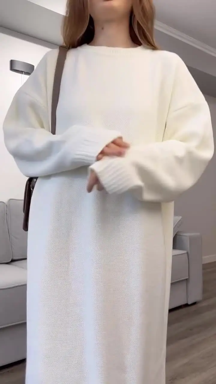 أنيقة المرأة محبوك جولة الرقبة طويلة الأكمام سترة الخريف الشتاء الدافئة فضفاض فستان كاجوال مكتب سيدة الجلباب #6