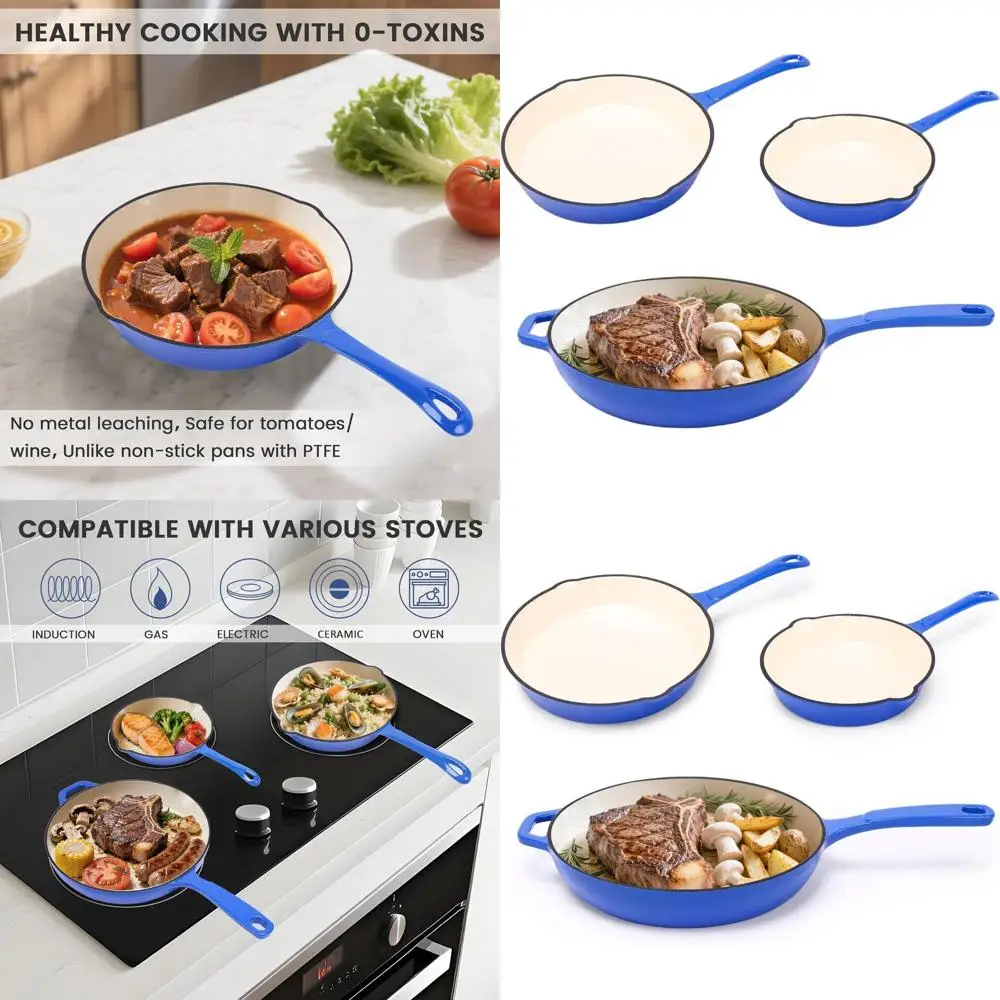

Cobalt Blue Enamel Cast Iron Skillet Set - 3 Sizes, Oven-Safe Ceramic Coated Frying Pans for Gas, Induction, Electric Cooktops