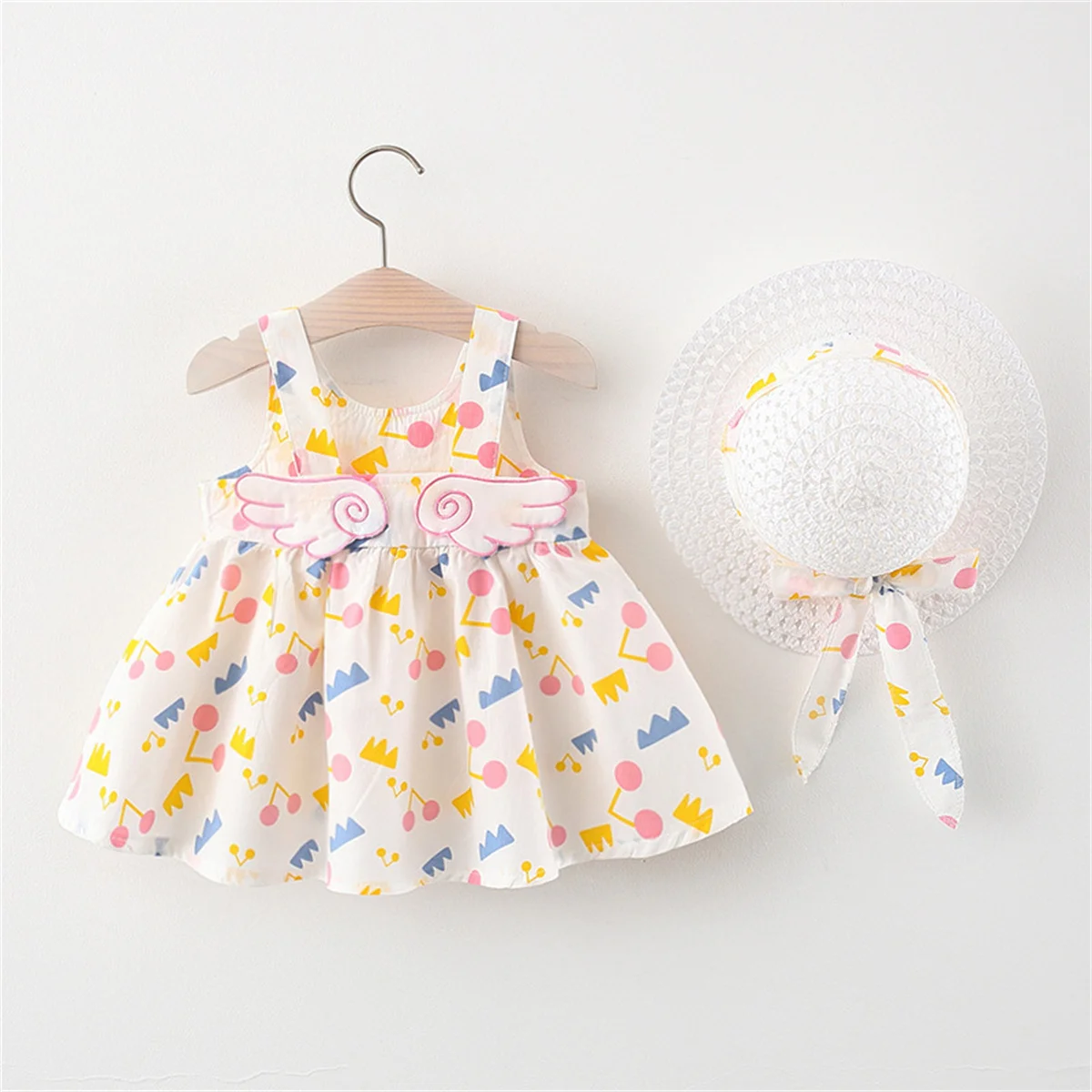 2-Piece Baby Beach Cotton Dress And Hat Baby Girl Back Small Wing Printed Sleeveless Dress Children\'S Casual Set