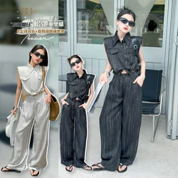 10 12 14 summer junior kids girls clothes sets Sleeveless shoulder padded shirt+Wide leg pants 2pcs teen kids suit child outfits