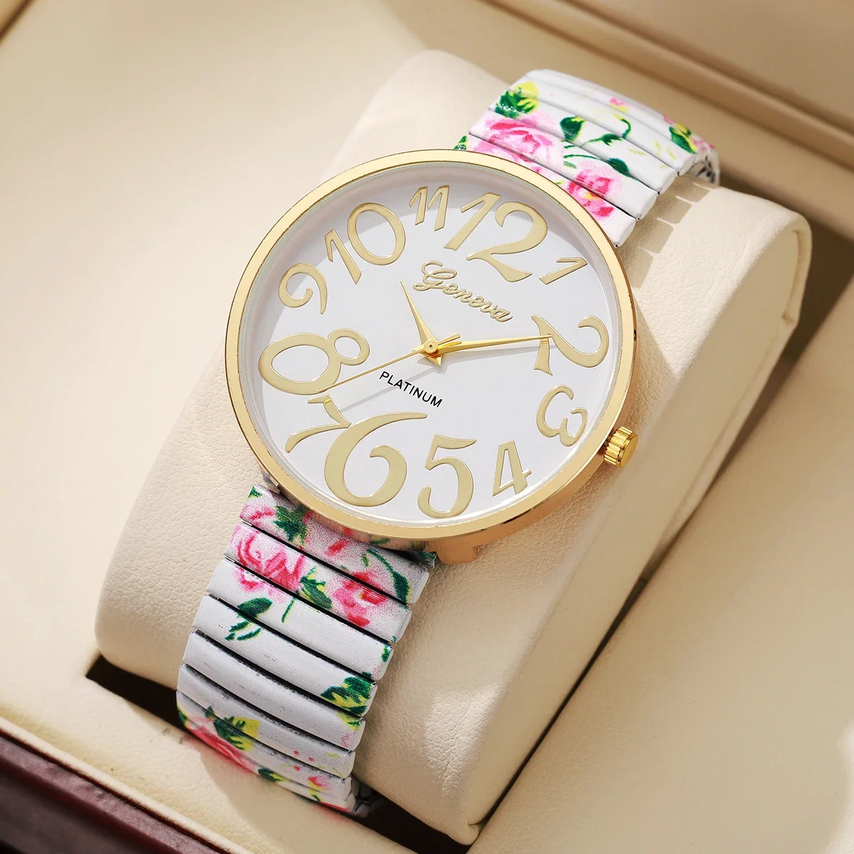Geneva Ladies Wristwatch Gold Round Large Number Dial Floral Elastic Stretch Band Quartz Women Dress Watch