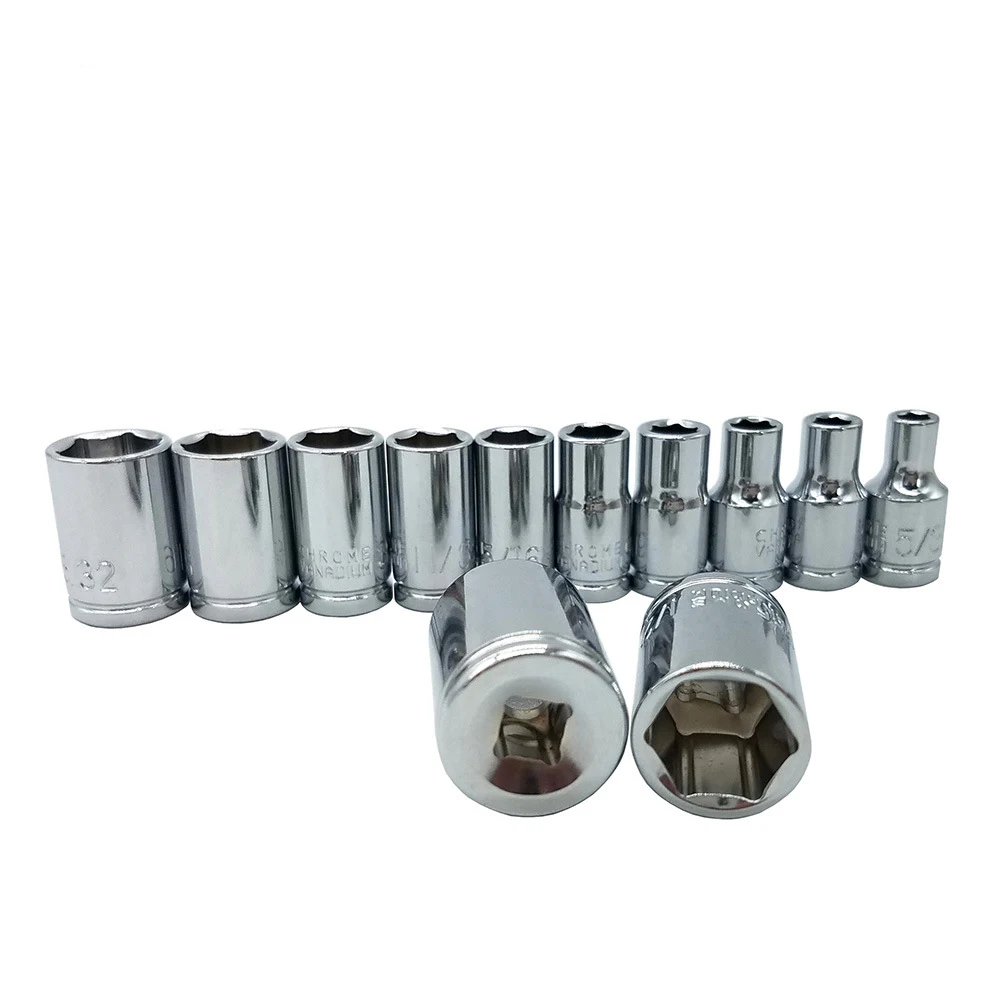 14pcs 1/4" Drive Hex Socket Set Inch 3/16 1/4 9/32 5/16 11/32 3/8 13/32 15/32 7/16 1/2 17/32 9/16 Wrench Head Nut Removing Tool