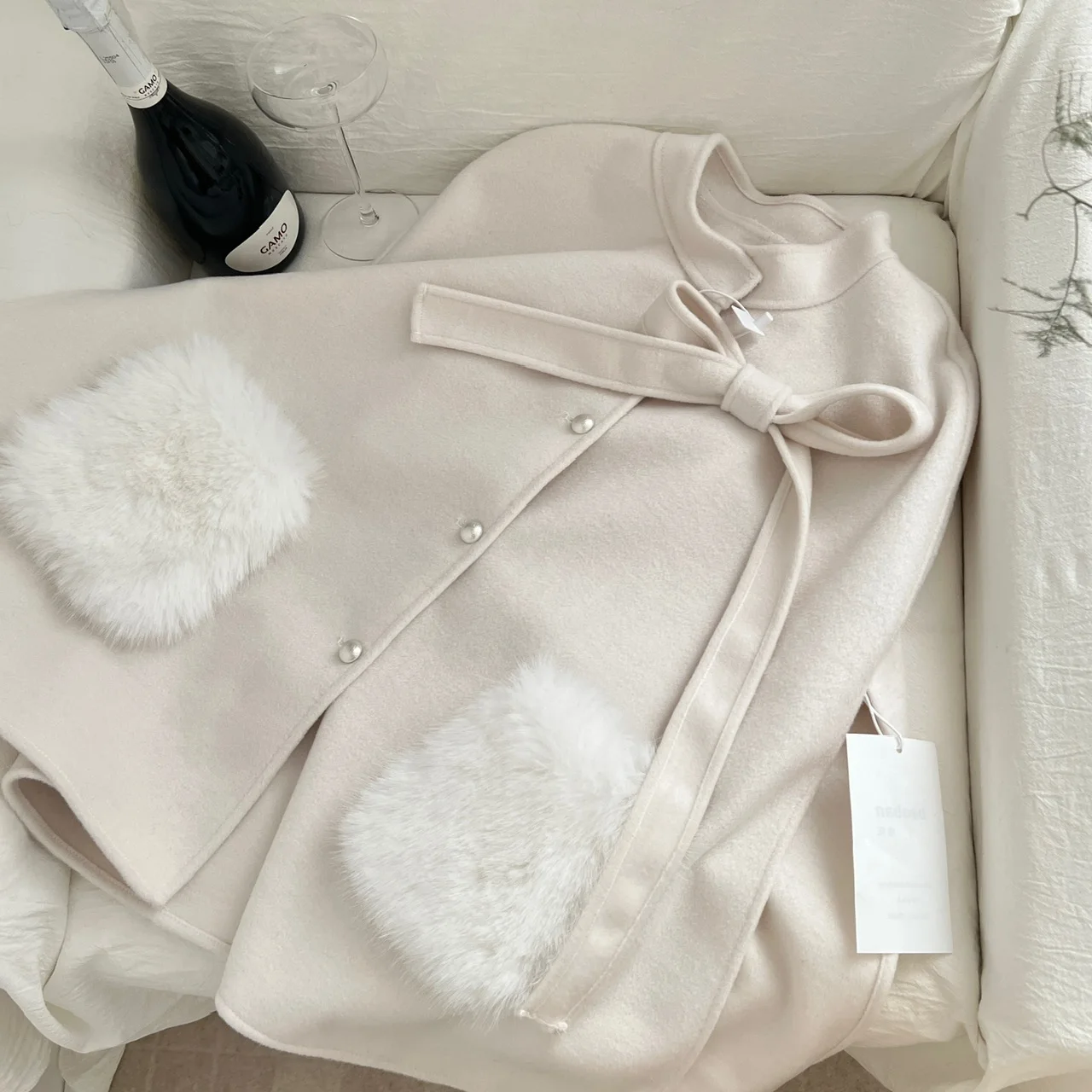 Cappotto di lana legato con nodo dolce per donna con ciambelle in pelliccia Cowl Camere double face Ne Open Sle Capispalla primaverile