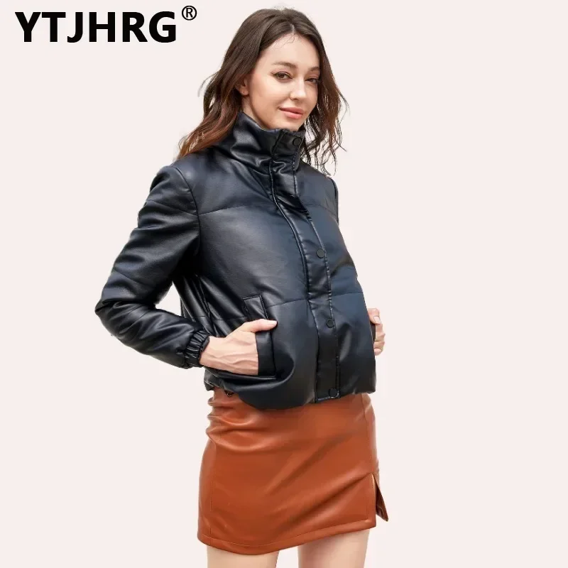 YTJHRG Jackets Women\'s Thicken Parkas Stand Collar Coats 2024 New Female Clothing Motor Biker Zipper with Pocket Autumn Winter