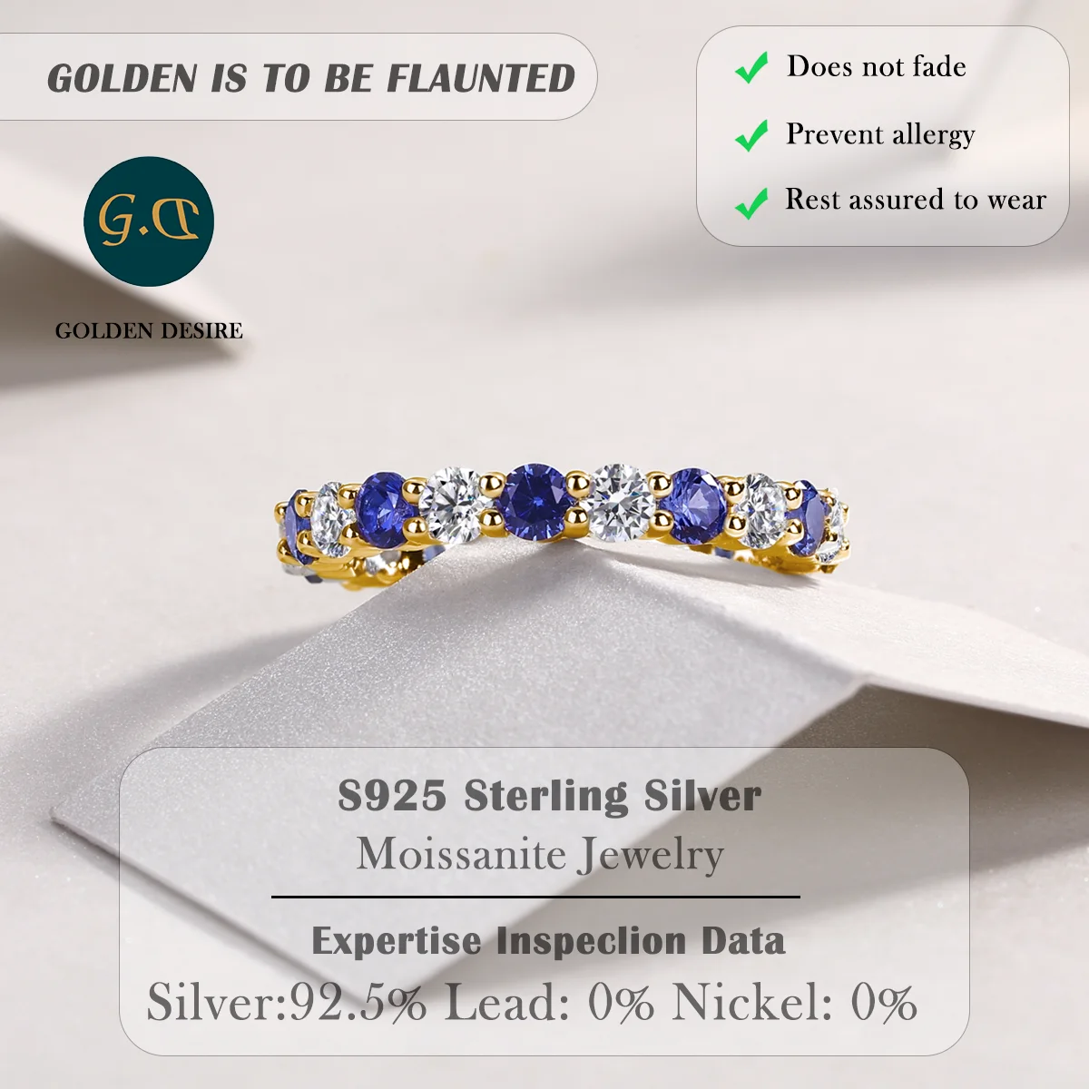 3mm Gold-Plated Eternity Band with Brilliant Moissanite Diamonds and Radiant Synthetic Sapphires – A Luxurious Statement Ring