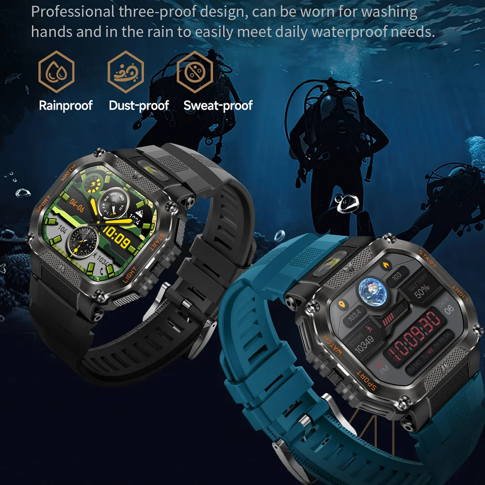 العسكرية في الهواء الطلق ساعة ذكية الرجال 3ATM مقاوم للماء البوصلة معدل ضربات القلب سوار لياقة بدنية 480 mAh مكالمة صوتية الرياضة Smartwatch 2025