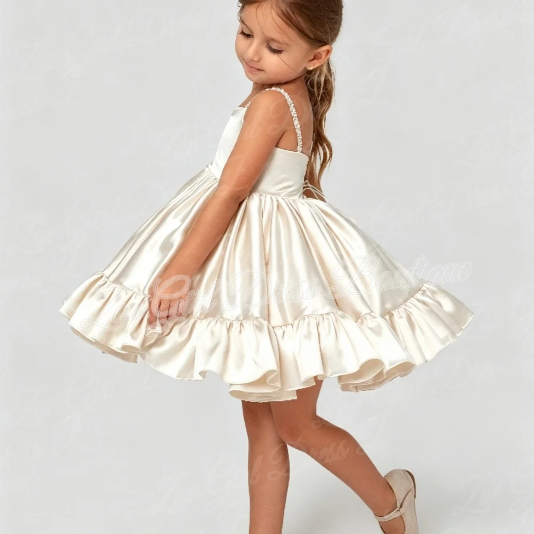 Customized White Spaghetti Strap Flower Girl Dresses For Wedding Satin Puffy Birthday Party Performance First Communion Gown