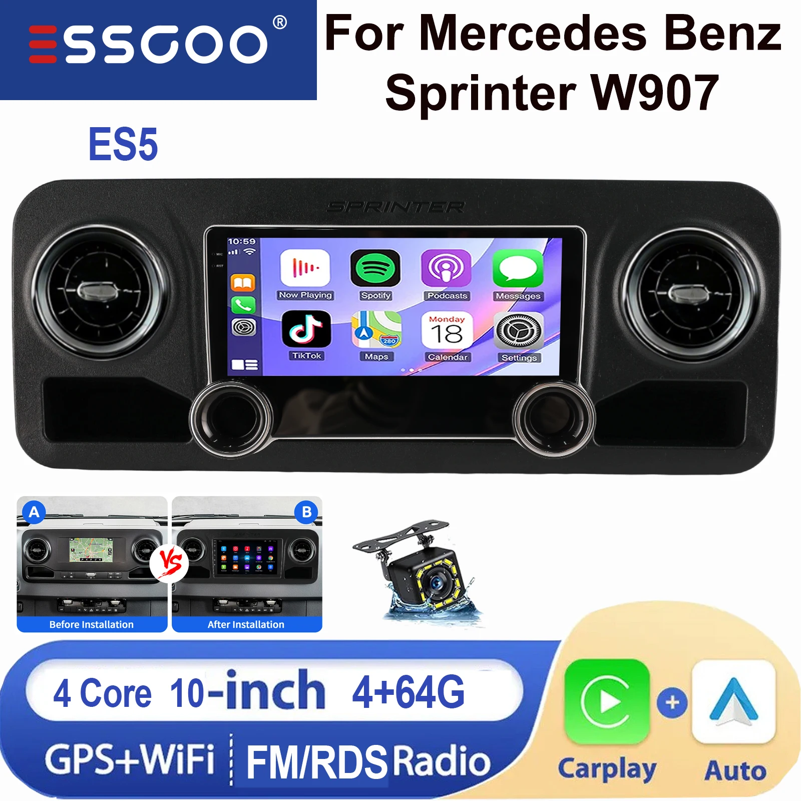ESSGOO Android 15 IPS Touchscreen 10 Inch Voor Mercedes Benz Sprinter W907 2018-2023 Apple CarPlay Android Auto Draadloos Autoradio GPS Navigatie WIFI Stuurwielbediening RDS Bluetooth FM USB Spiegel