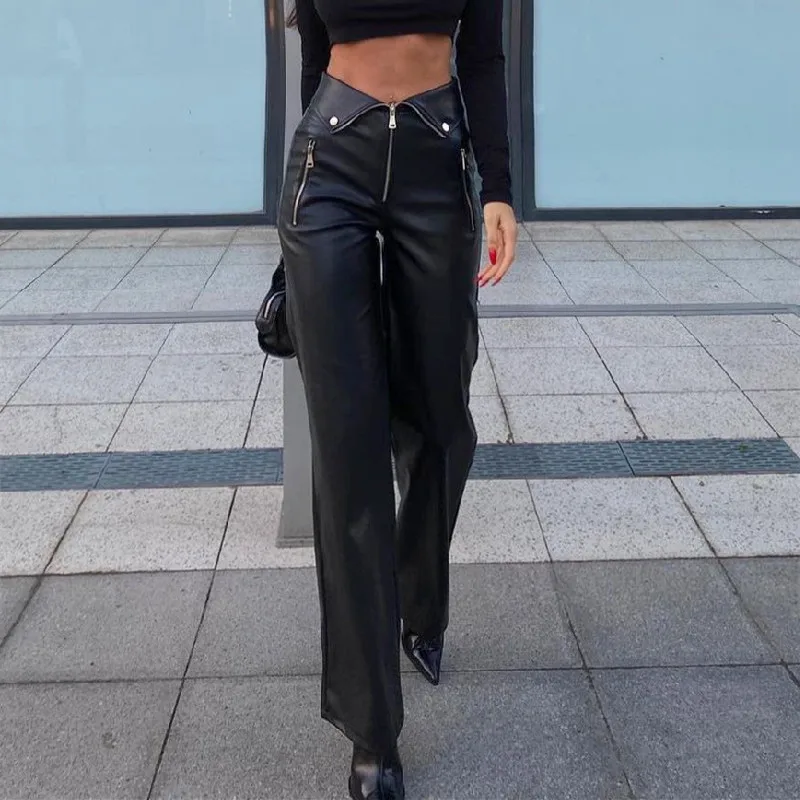 2024Women leather pants  autumn zipper high waist straight leg casual Black pants Y2k clothing PU loose leather pants for women