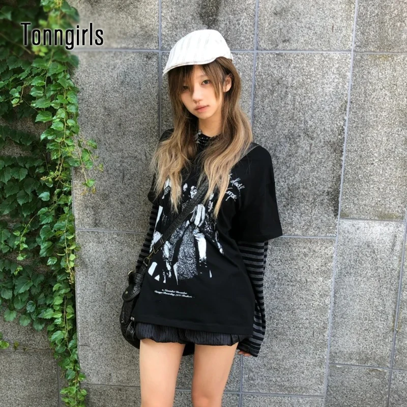 

Tonngirls американская футболка с принтом в стиле ретро, женская лоскутная свободная повседневная рубашка с длинными рукавами Y2k, японские топы в стиле гранж 2000-х, уличная одежда