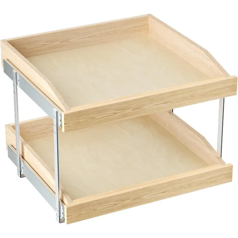 2 Tier Pull Out Cabinet Organizer, Double Tier Slide Out Wood Cabinet Organizer with Soft Close, Pull Out Drawers