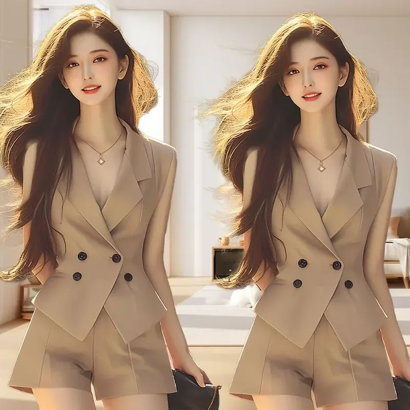

Summer Simplicity Office Lady Solid Color Sleeveless Waistcoat Tops Ladies Fashion Temperament Appear Thin Shorts Two-piece Set