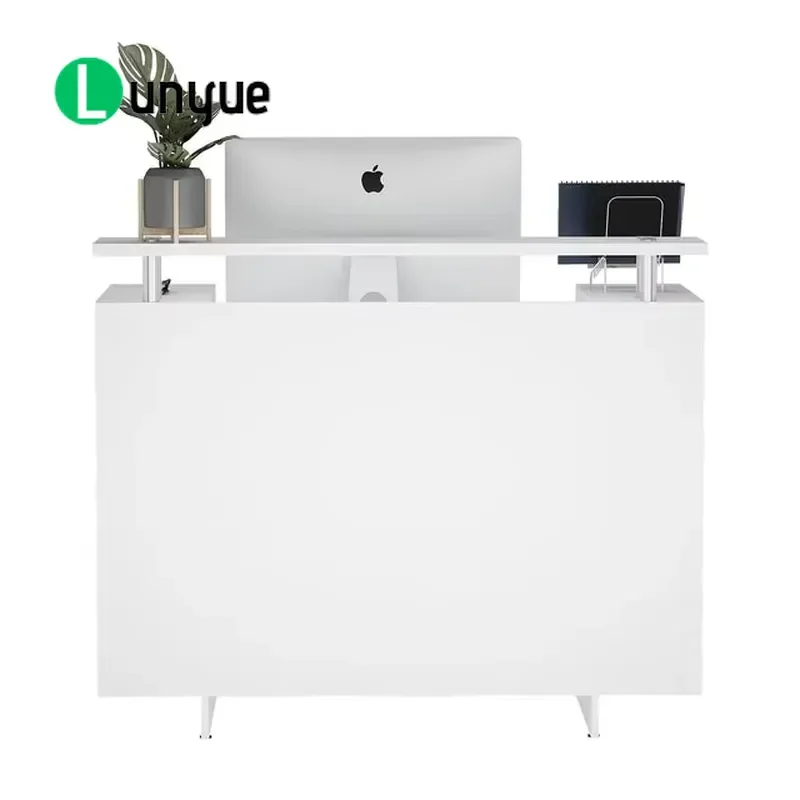 49.68 Inch White Wooden Checkout Counter Reception Desk with Two Side Cabinets for Retail Store Office One Person Workstation