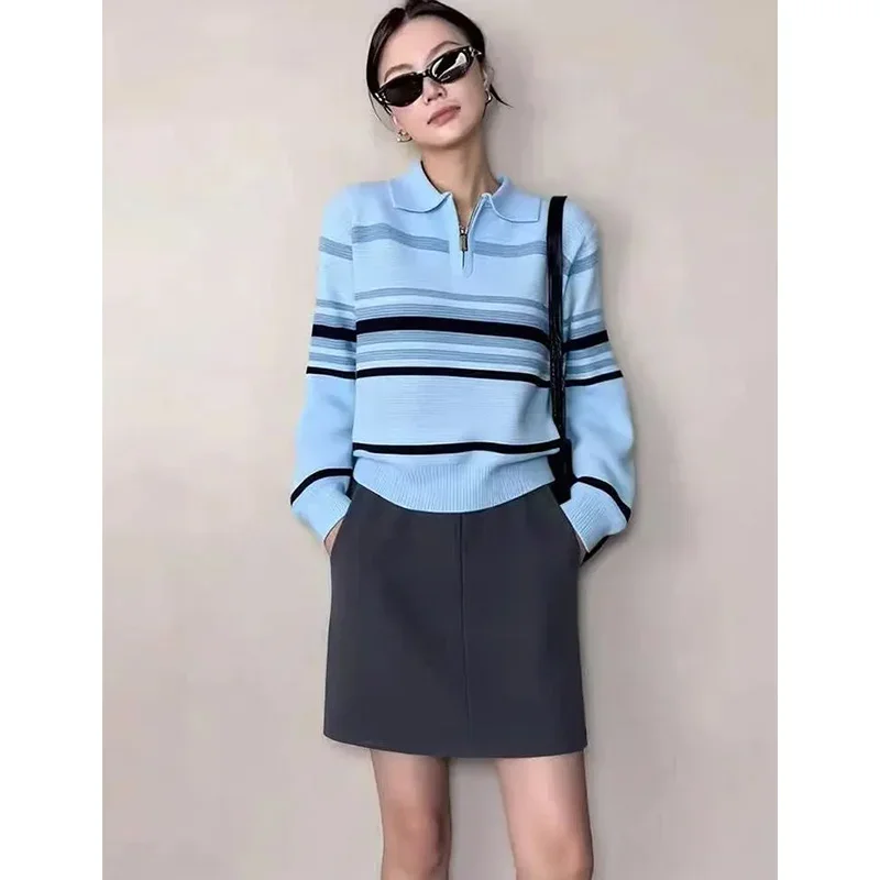 

Oversized Women Clothing Autumn Winter All-match Fashionable Zipper Turn-down Collar Long Sleeve Pullovers Female Striped Tops