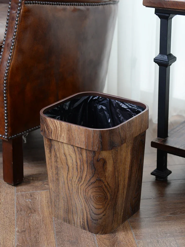 Retro imitation wood grain trash can household creative paper basket plastic with pressure ring without lid large