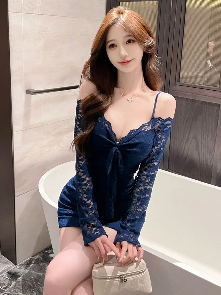 Vestido Sexy de Manga Longa com Renda e Cordão de acie, Ajuste Justo, Vestido de Meninas em Fibra de Poliéster, Temporada d...