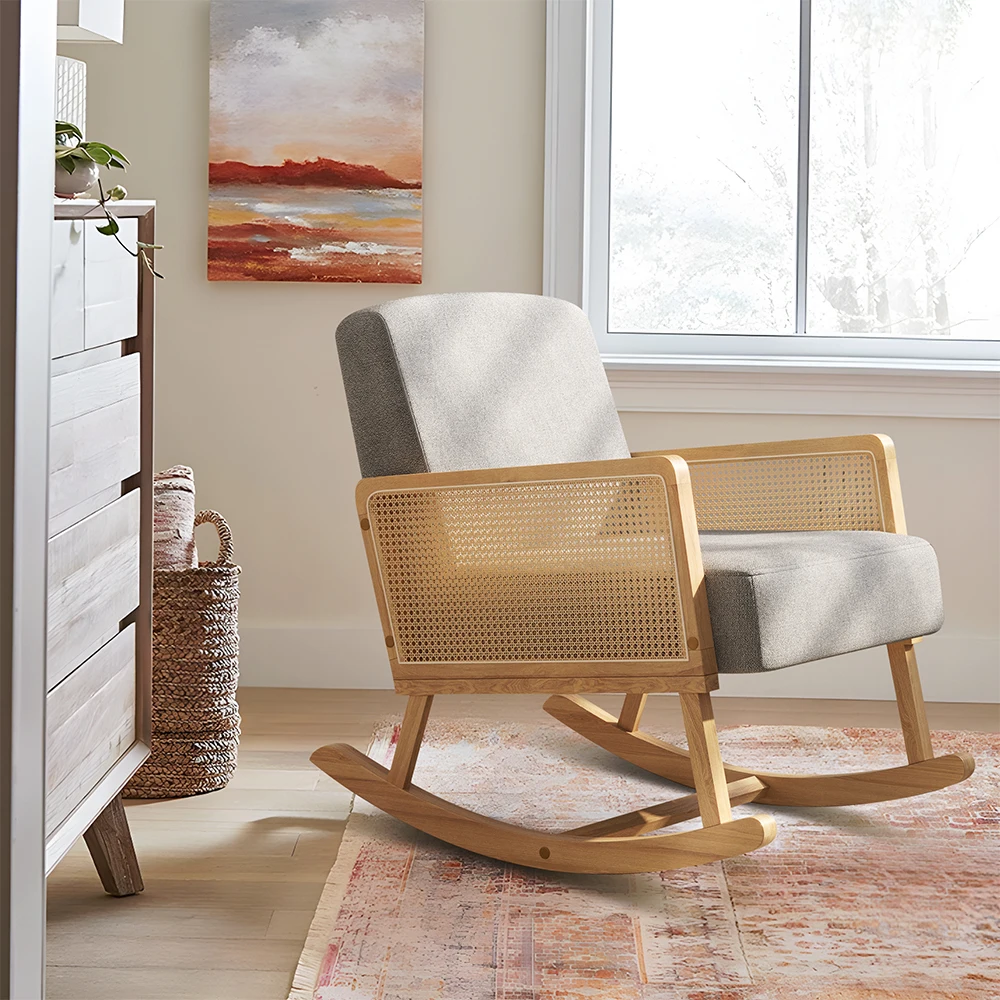 Soft Comfortable Linen Wooden Rocking Chair-Grey Living Room Balcony Bedroom Relaxing Chair