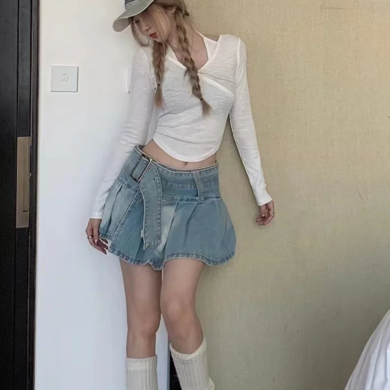 Women Denim Mini Skirts Pleated Chic Summer Sexy with Belt Vintage Ruffles Streetwear Hip Hop Party Y2k Fashion Slit Designed