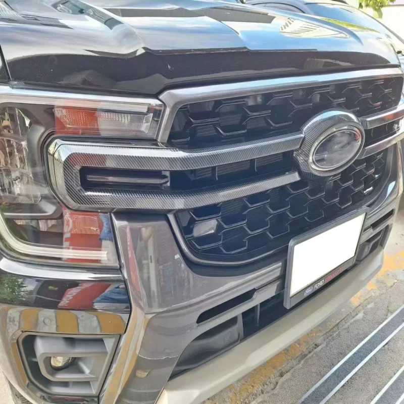 For Ford Everest Ranger 2023 2024 carbonfiber black Front Hood mesh Grille Bonnet Lip Molding Cover Trim Exterior Accessories