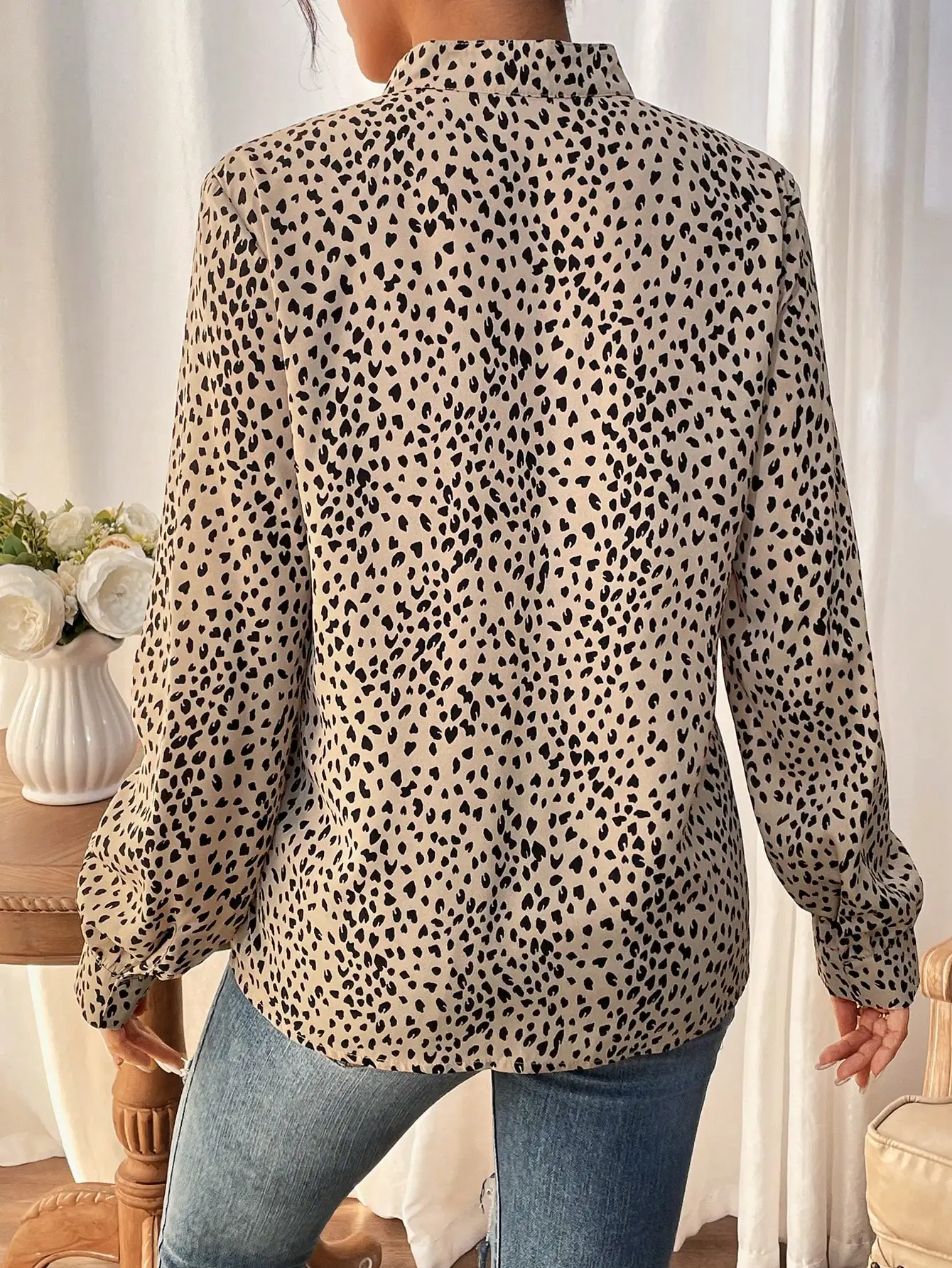 Frenchy Dalmatian Print Notched Neckline Lantern Sleeve Blouse  Daily Commuting And Workplace Wear