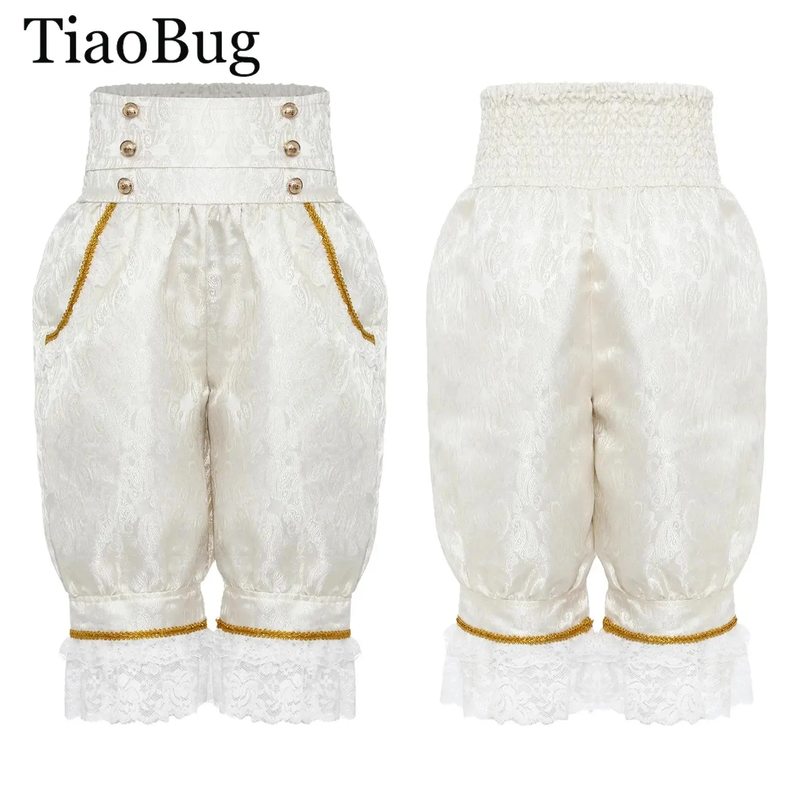 

Girls Medieval Costume Pants Pantaloons Renaissance Victorian Ruffled Lace Bloomers Trousers Elastic Waist Pattern Capri Pants