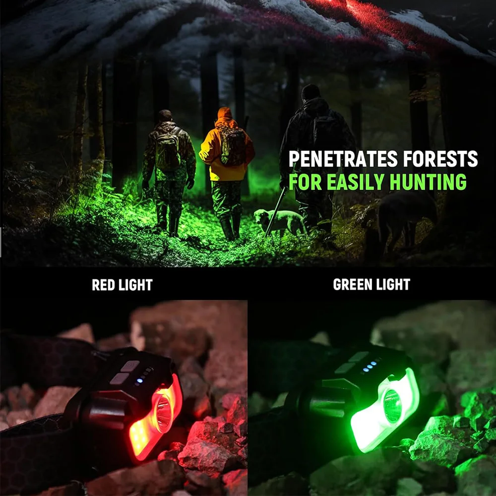 14 Modi Mini Led Koplamp, Wit + Groen + Rode Jachtkoplamp, Draagbare Waterdichte Camping Viskoplamp Met 1000Mah Batterij