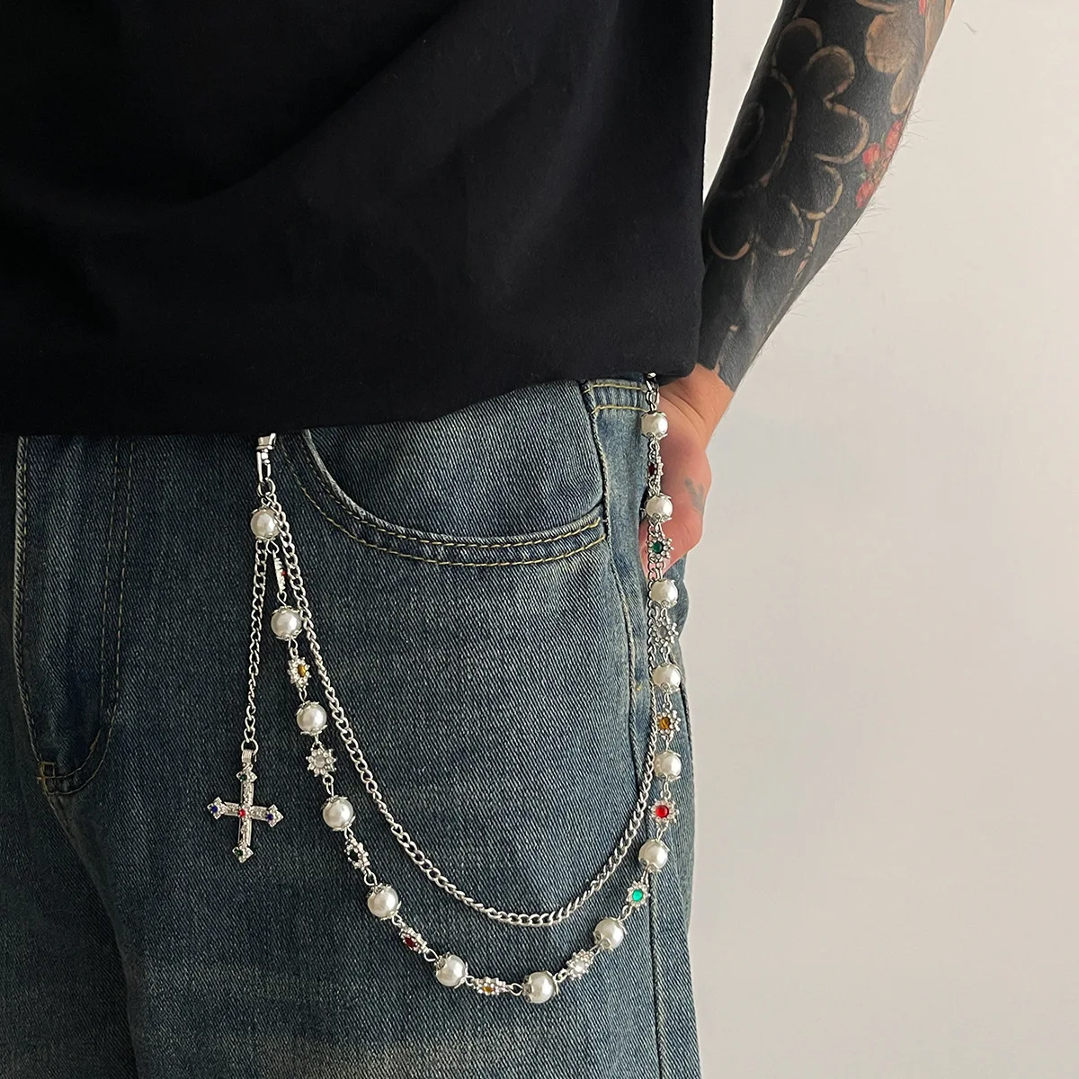 Salircon Exquisite Luxury Imitation Pearl Keychain Wallet Belt Chain Men Women Punk Trousers Hipster Pant Chain HipHop Jewelry