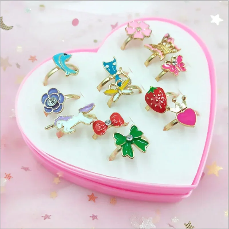 2024 New 12Pcs Cute Cartoon Rings Children Girls Rings Pretend Play Makeup Toys Cartoon Crystal Jewelry Alloy Animal Enamel Ring