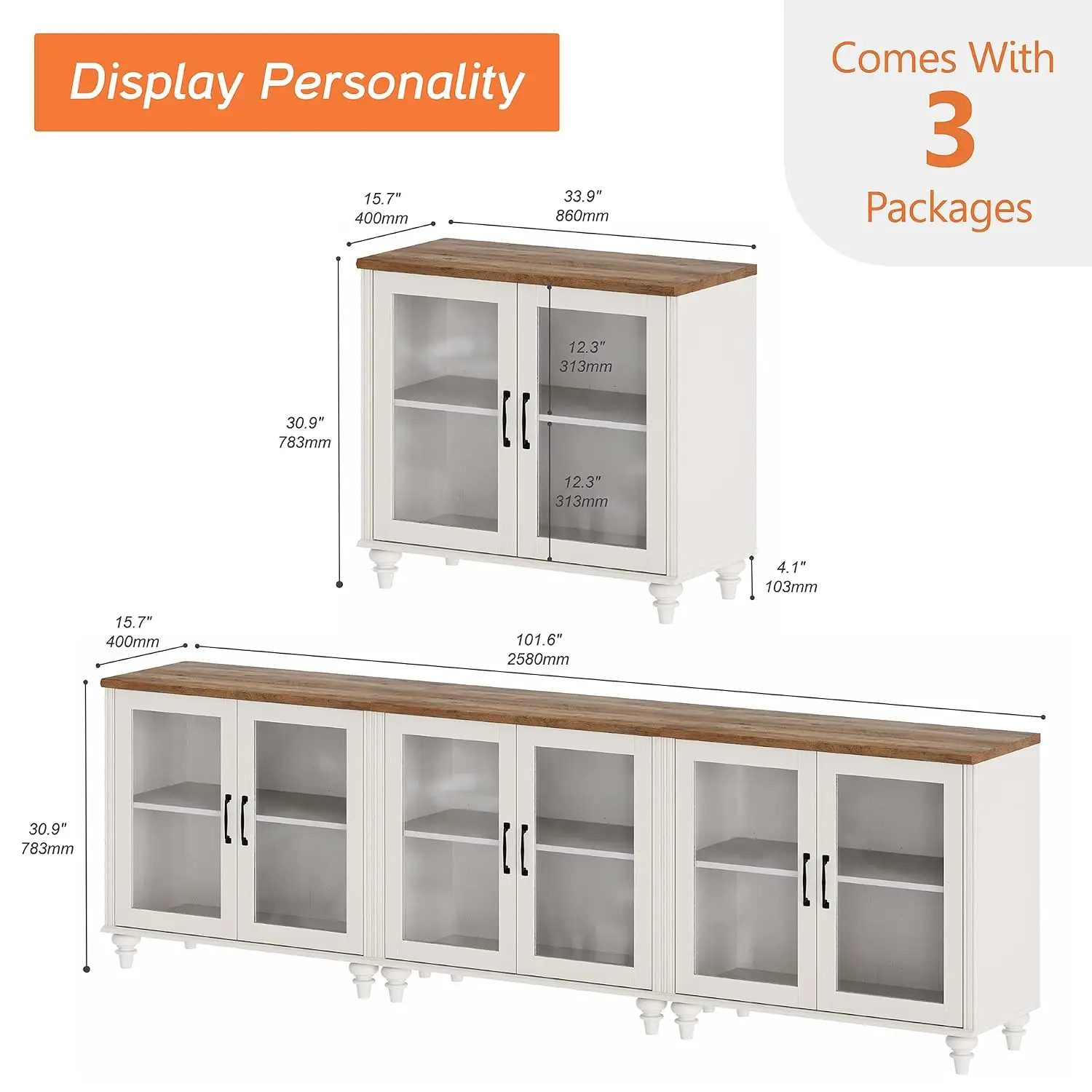 100 Inch TV Stand Glass Door Wood Entertainment Center for 75 80 85 Inch TV Modern Media Console 6 Storage Cabinets Living Room