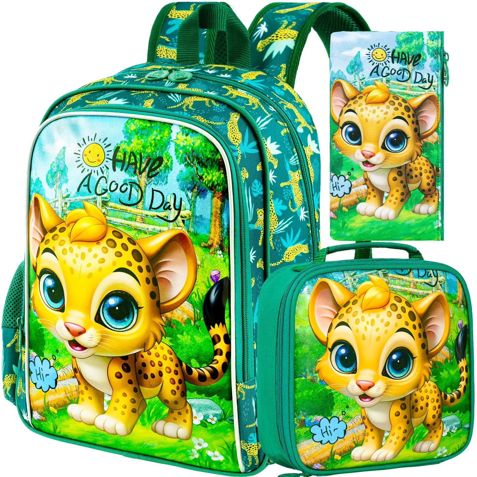 

gxtvo 3PCS Boys Leopard Bookbag, 16" Kids Backpack with Lunch Box, Water Resistant Elementary Prechool Toddler Shool Bag