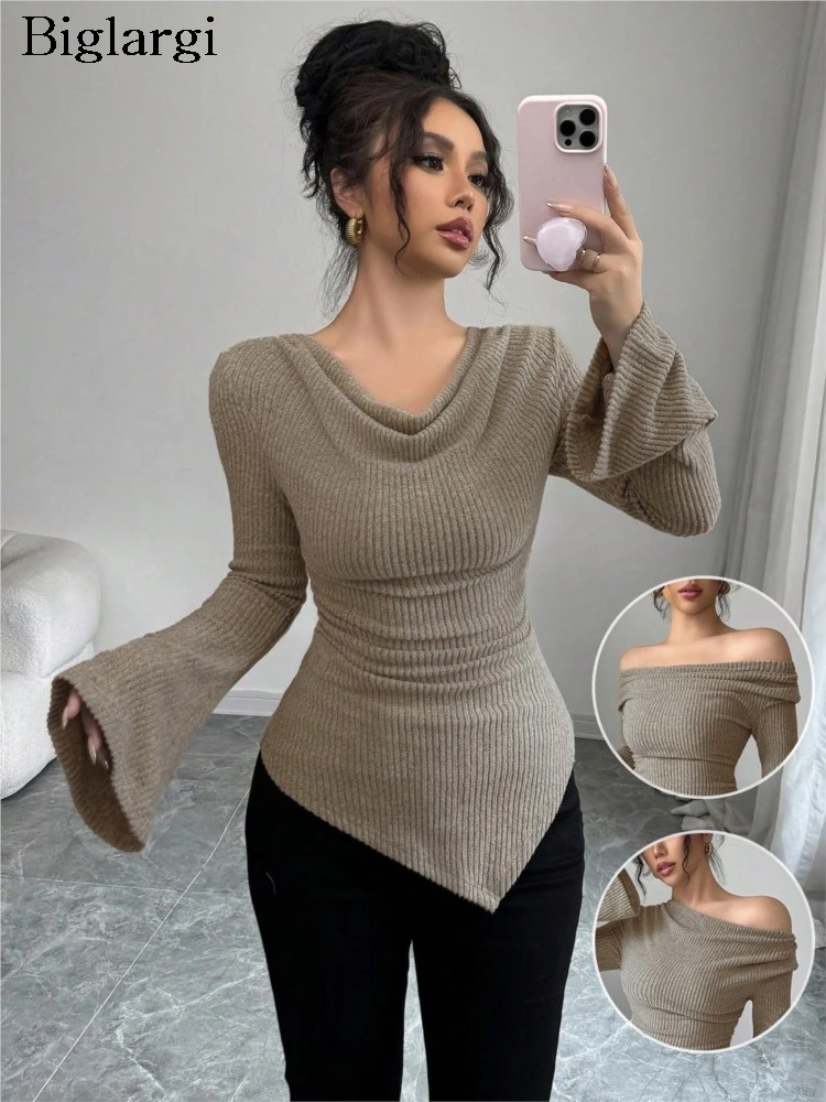 

Knitted Autumn Pullover Sweater Women Flared Long Sleeve Fashion Bodycon Sexy Ladies Sweaters Irregular Slim Woman Sweater