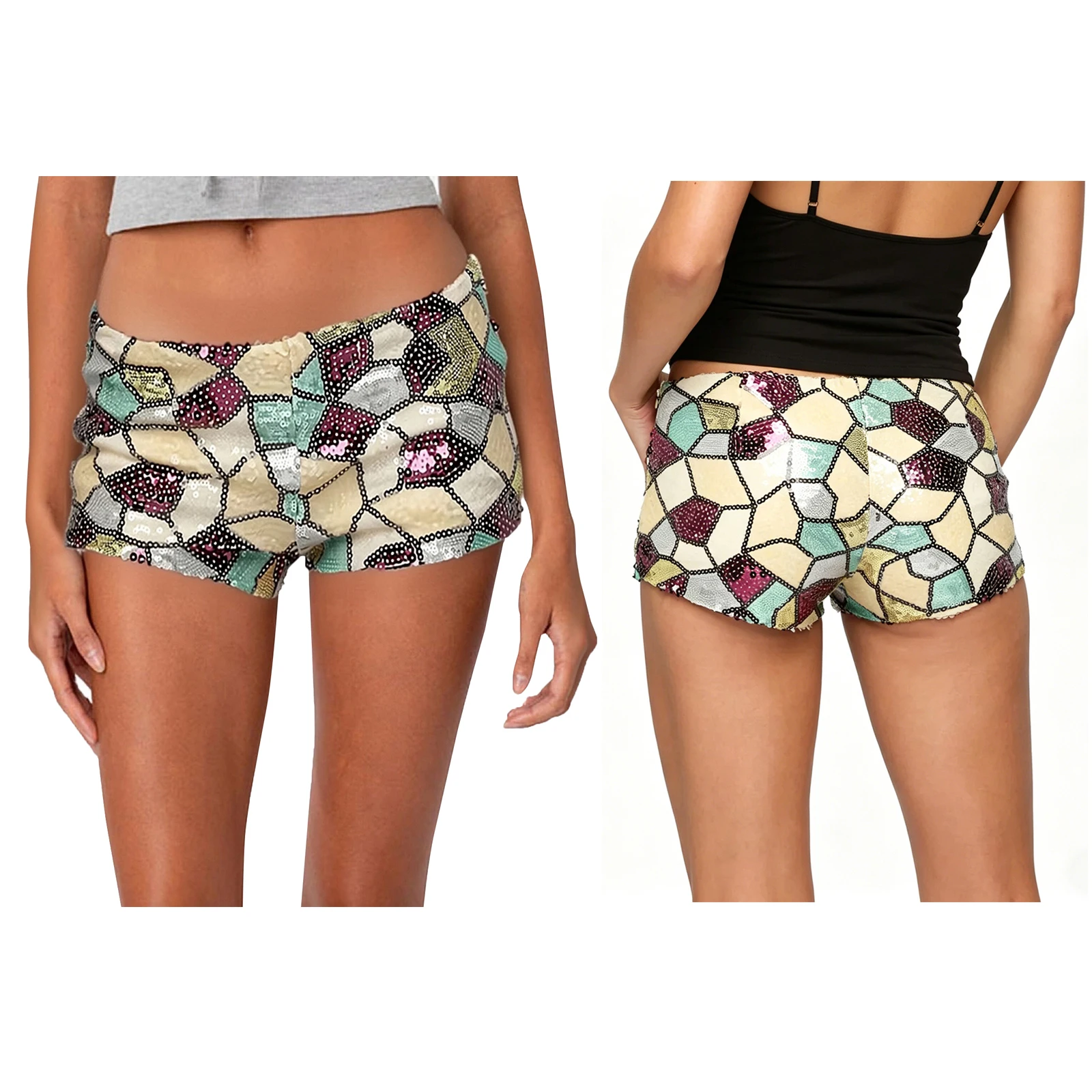

Mini Shorts for Women Low Rise Fashion Sequin Decor Geometry Patchwork Summer Going Out Micro Shorts