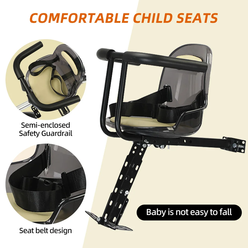 Front Mount Kids Bike Seat Mountain Bike Child Safety Seat with Guardrail and Safety Belt for Mountain Road Bike Accessories