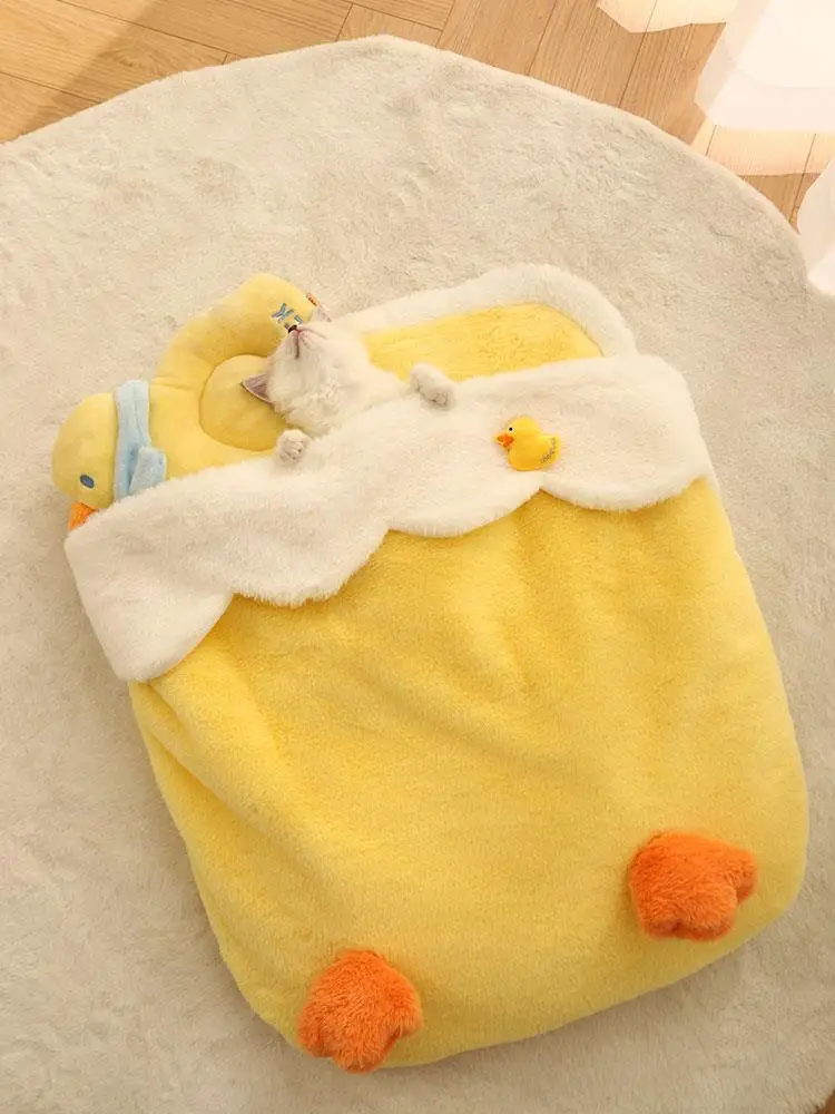 Cute Duck Cat Bed Coral Fleece Yellow Duckling Pet Bed Soft Comfortable Kitten Bed In 2 Sizes