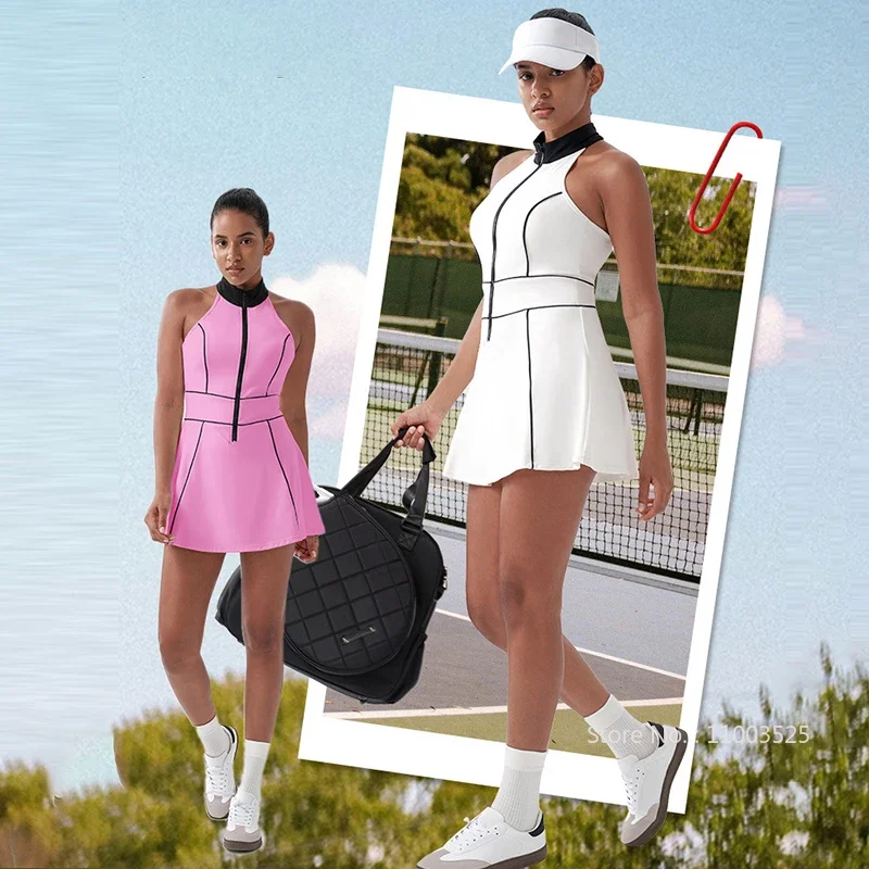 Women Tennis Dress with Shorts Contrast Color Gym Sports Dresses Zipper Stand Collar Yoga Casual Skirt Workout Athletic Skort