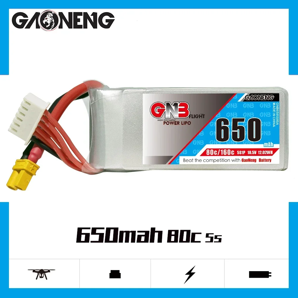 GAONENG GNB 650mAh 5S 80C 160C 18.5V XT30 LiPo Battery Square Type 3 inch Toothpick Drone Cine Whoop Cinelog Racing FPV RC Parts