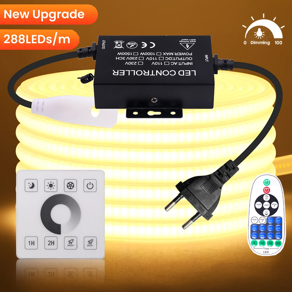 220V Dimmable COB LED Neon Strip Light 50m 100m Bluetooth Wall Touch Remote 1500W EU Kit Flex Lamp 288LED 3000K 4000K 6000K 0.5m