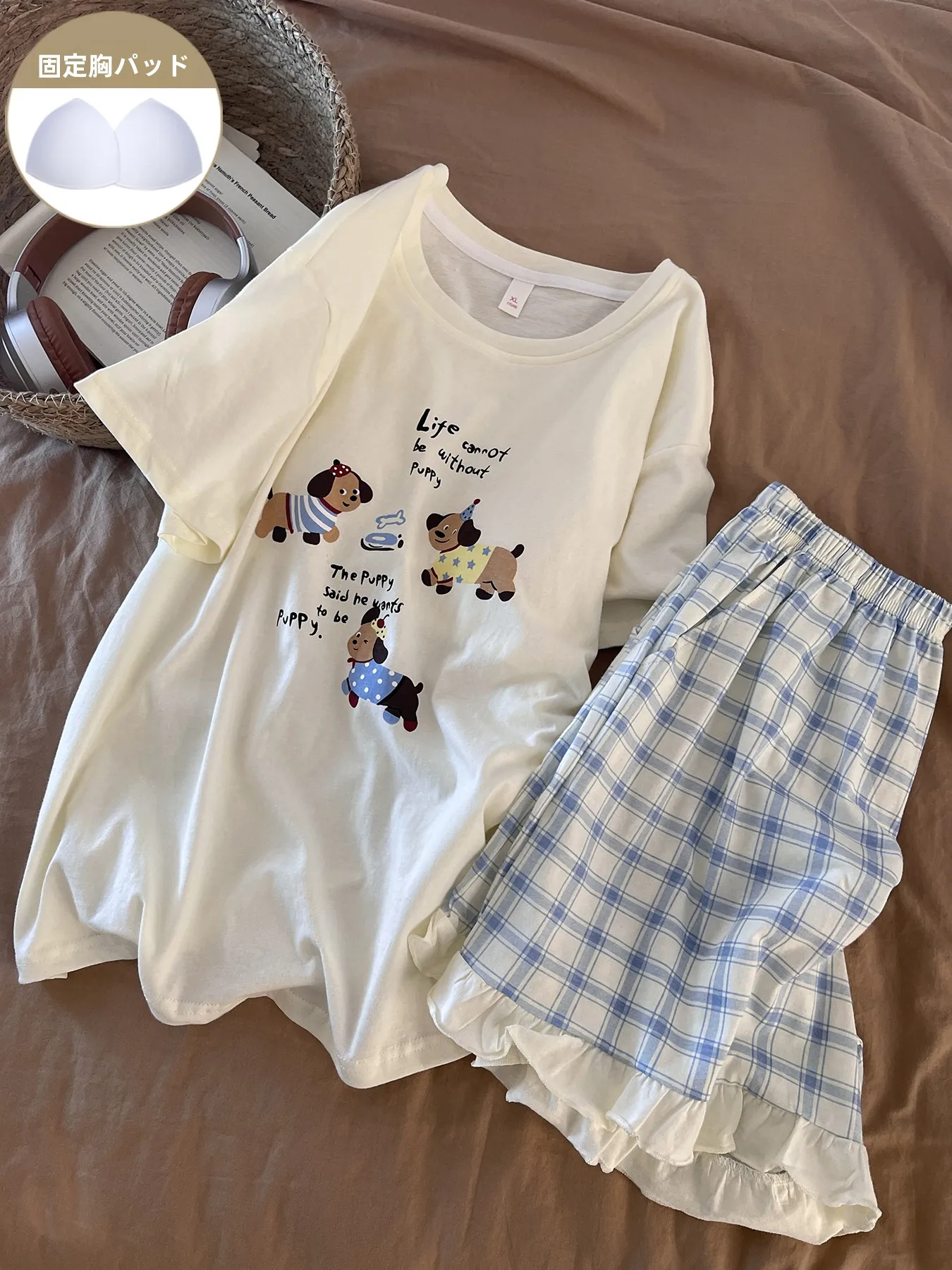 ブルーソーセージドッグパジャマ女性用コットンラウンドネック半袖オーバーヘッドホーム服セット胸パッド付き花柄エッジショーツ