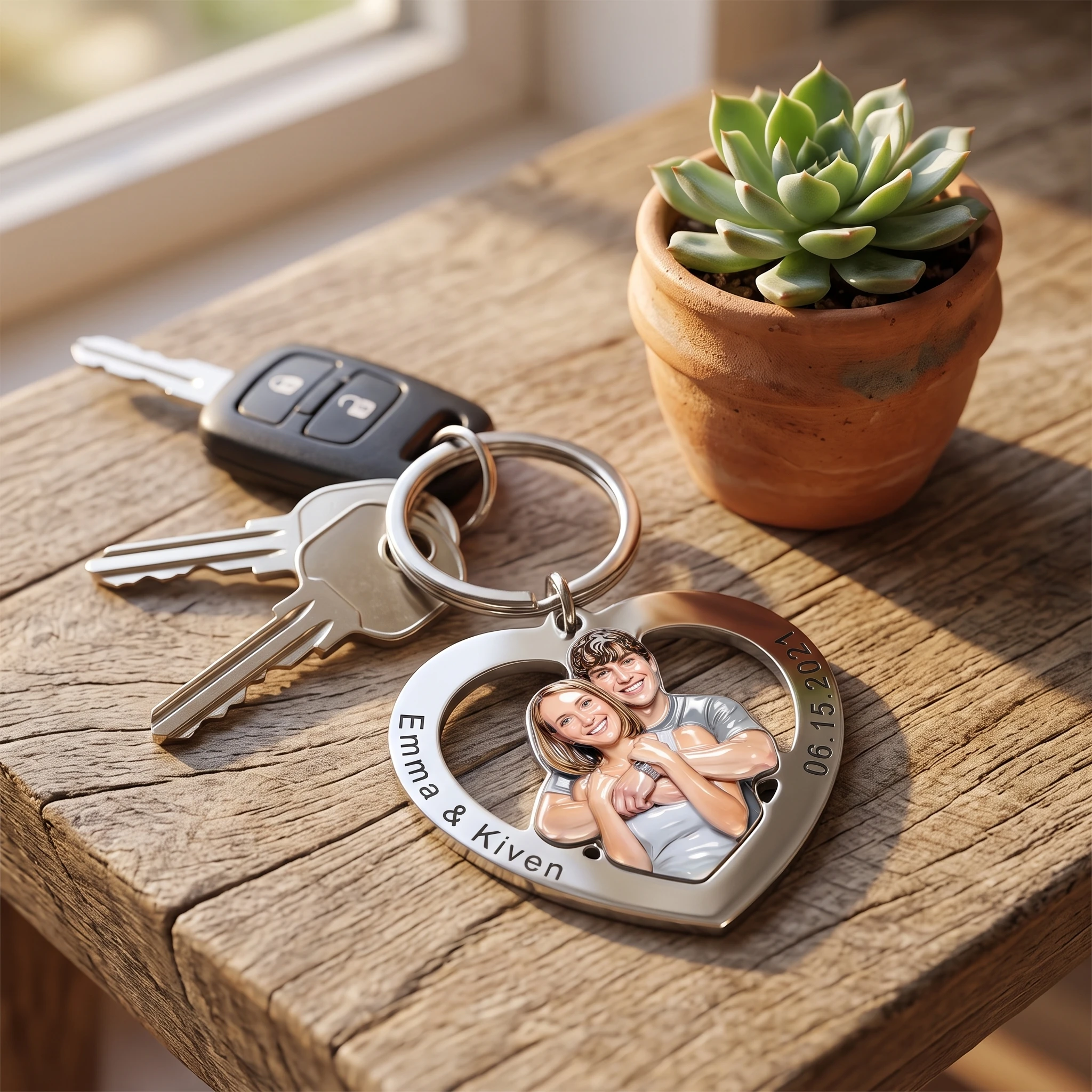 Personalisierter Foto-Herz-Schlüsselanhänger mit Cartoon-Porträt aus 304 Edelstahl, Individueller Name und Datum, Geschenk für Paare – Detail 3