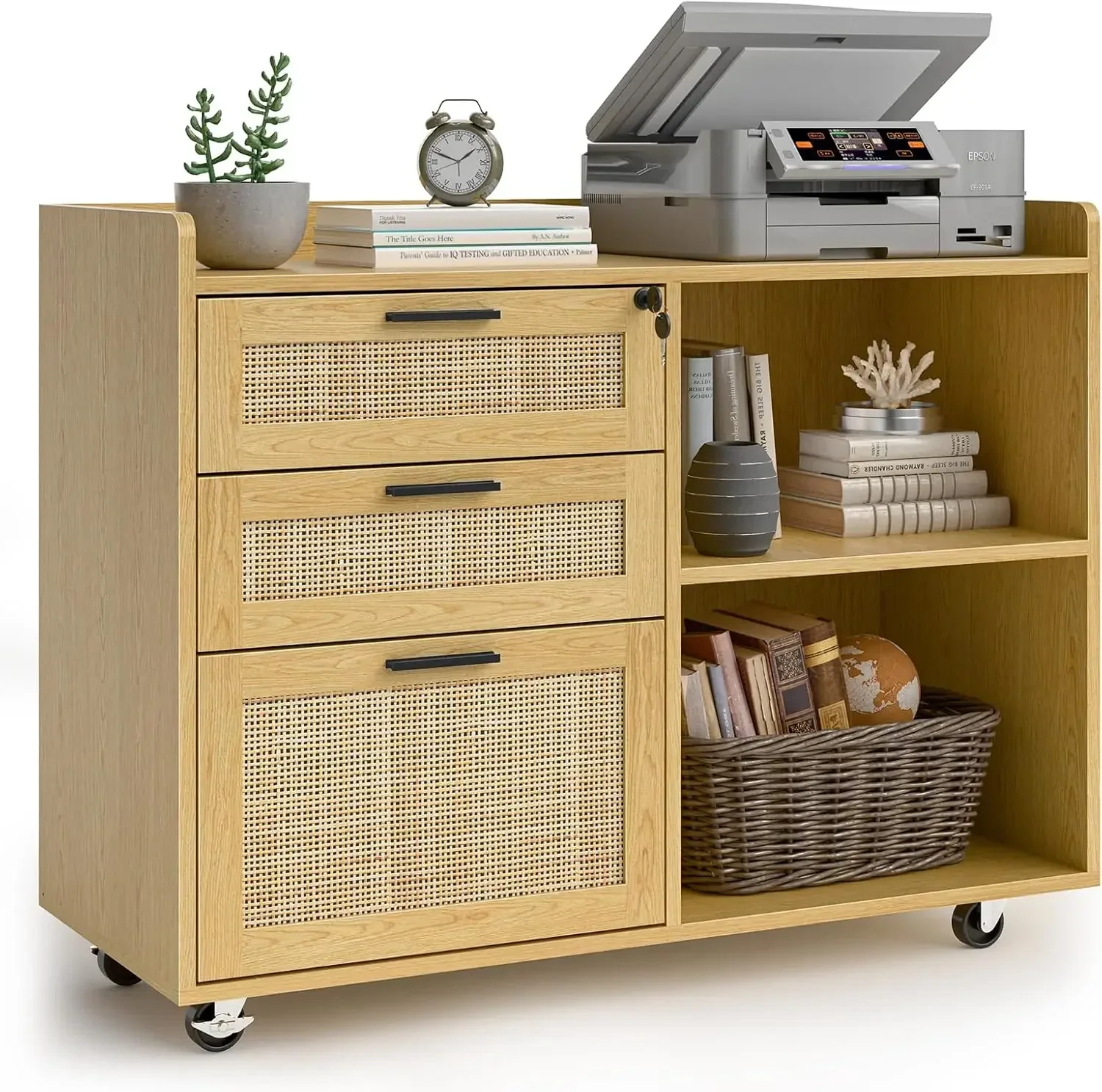 Rattan File Cabinets, 3 Drawer Lateral Filing Organization Storage Cabinets with Lock, Rolling Printer Stand Home Office Organiz