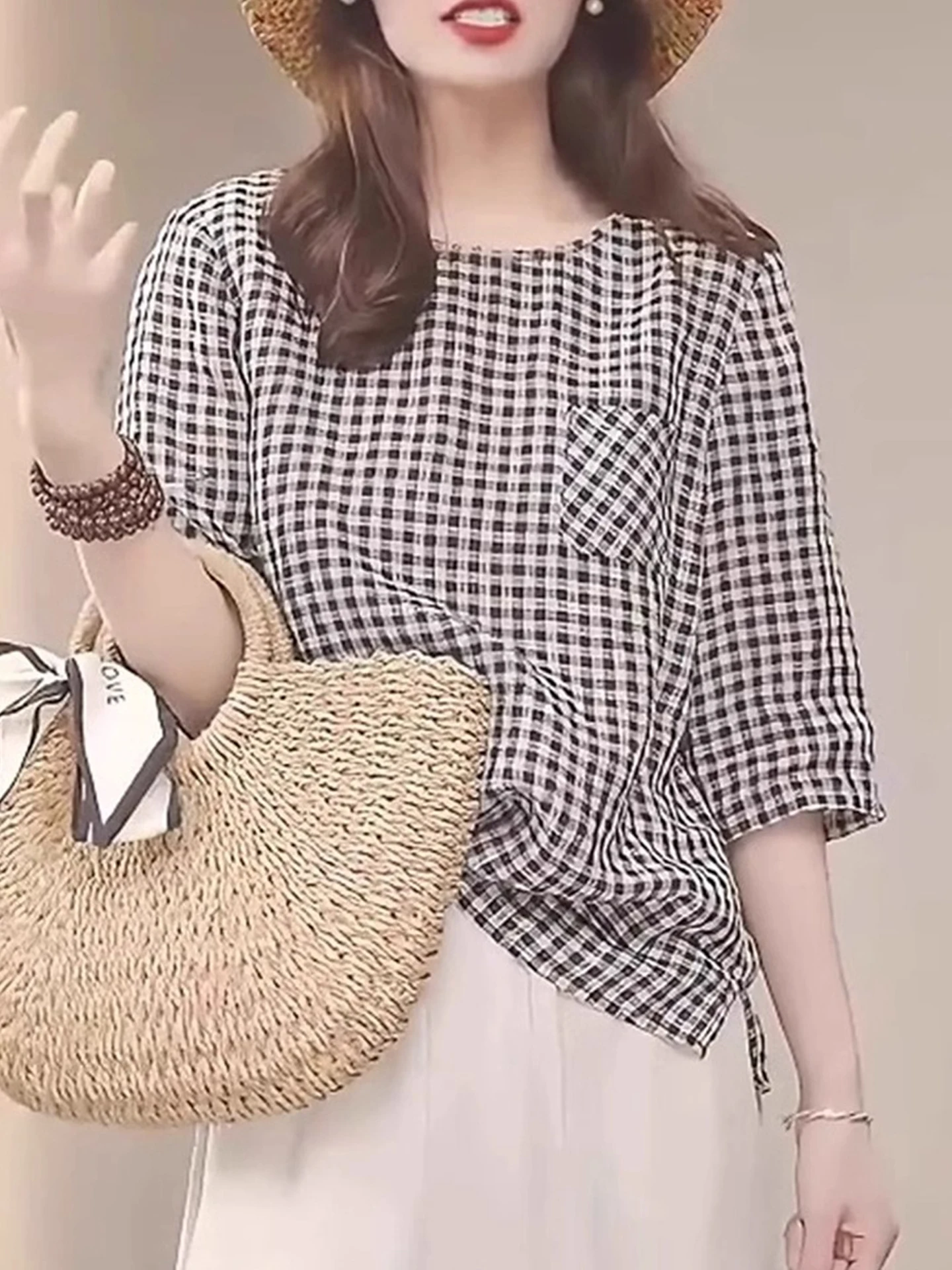 라운드 넥 디자인 한국 스타일 심플한 오팔 소매 패셔너블 다용도 셔츠 출퇴근 우아함 탑 작은 셔츠 여름 2025