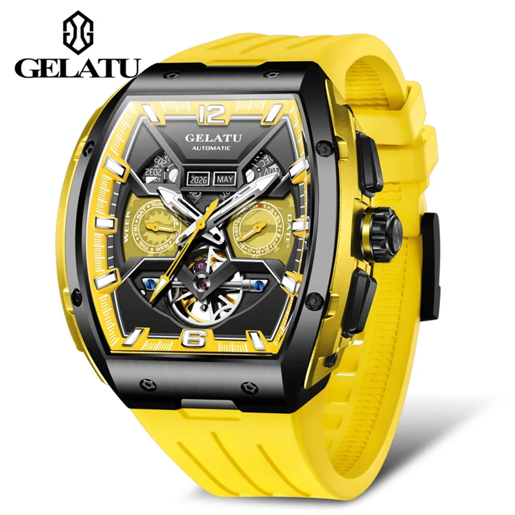 GELATU 6013 Original Man Watch Fashion Silicone Strap Waterproof Luminous Square Fully Automatic Mechanical Wrist Watch for Men