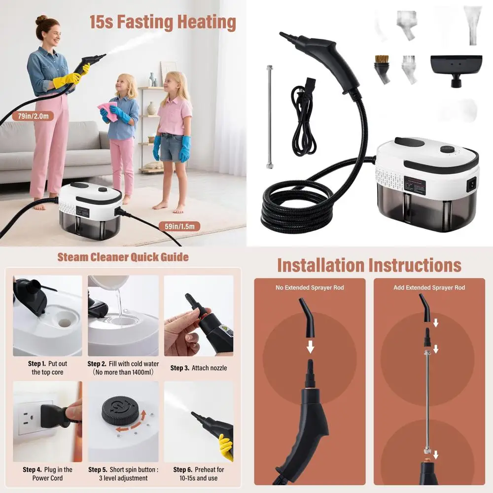 

Портативный пароочиститель объемом 1,5 литра с 12 аксессуарами, 2500 Вт, 3-уровневая регулировка, нагрев 15 с для дома, автомобиля, кухни (белый, США P