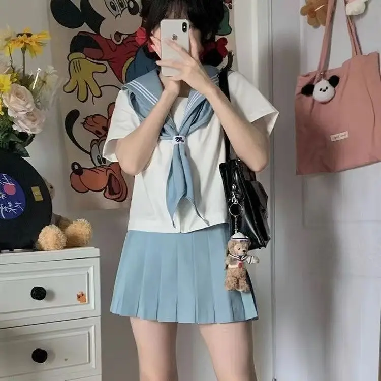 Light Blue 3 Stripes Japanese Sailor JK Uniform Set Classic Basic Mid Length Navy Style Preppy Outfit