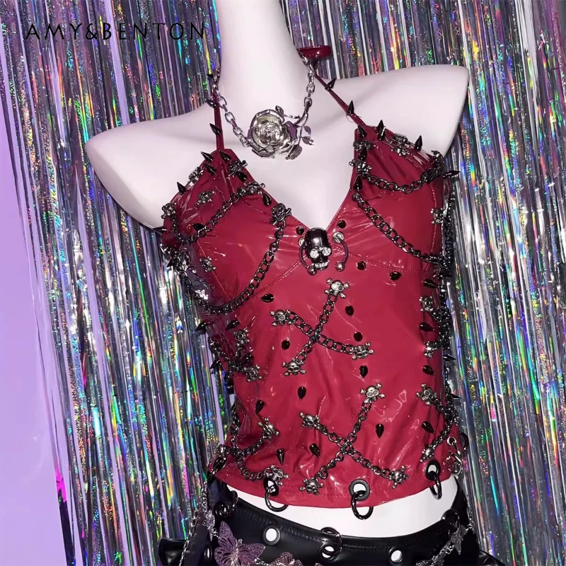 

Original Design Dark Red Y2K Hot Girls Halter Vest European American Sexy Punk Goth PU Leather Chain Sweet Cool Sling Ladies