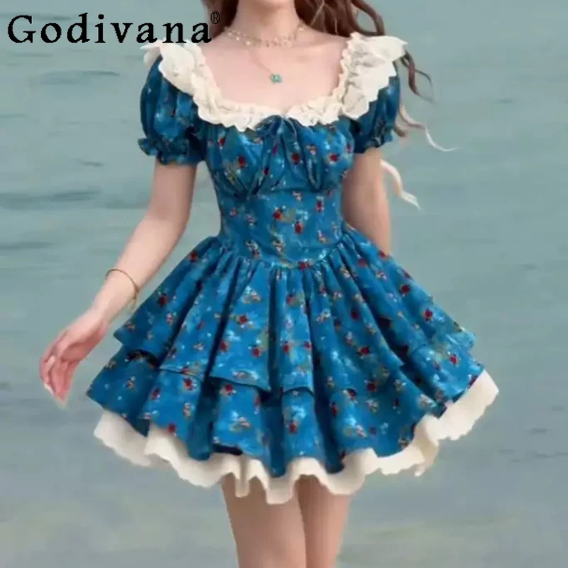 

Summer Large Size French Retro Floral Women Summer Chic Cake Dress Fashion Age Reduction High Waist A-line Princess Dresses