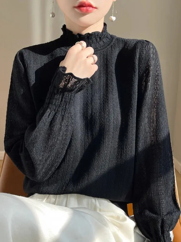 

Женский тонкий вязаный свитер Ele с кружевной отделкой и высоким воротником, облегающий базовый топ для повседневной носки, свободный крой