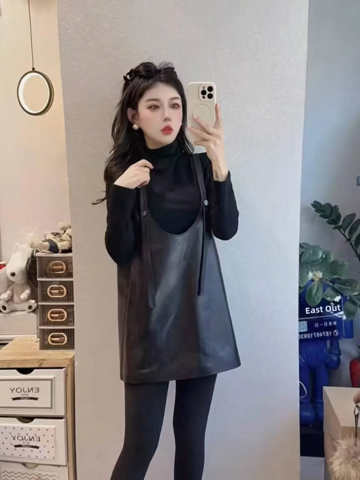 

2025 New Sle Women's Leather Tank Top Svel Slim Fit Versatile Mid-Length Zipper Closure round Ne ort Sve Vest