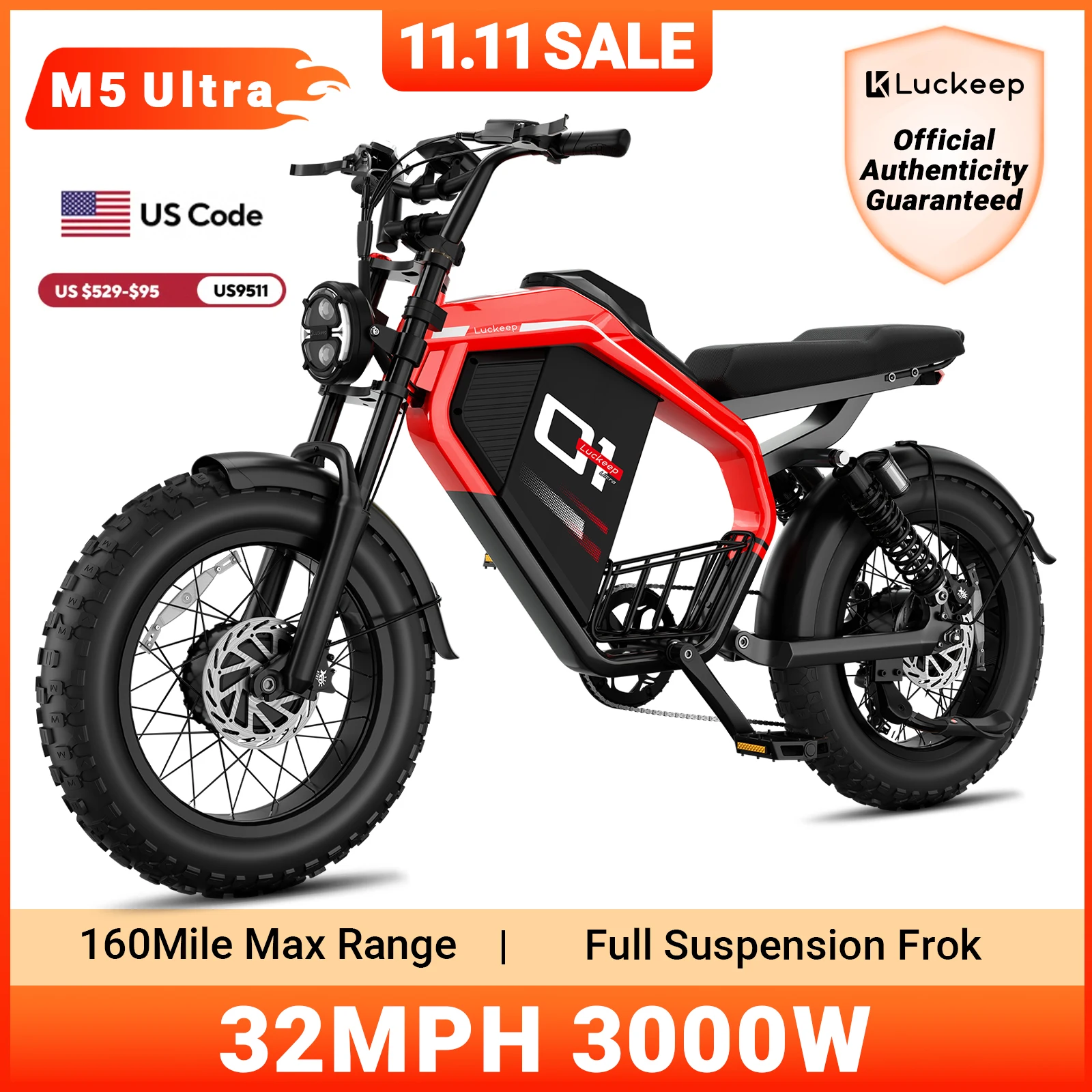 

Электрический велосипед Luckeep M5 Ultra для взрослых/подростков, двойной мотор пика мощностью 3000 Вт, двойной аккумулятор 52 В, 40 Ач, 160 миль, 32 миль в час